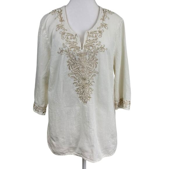 Norm Thompson Linen Blend Cream Embroidered Women's Tunic Top Size Large - Picture 1 of 7